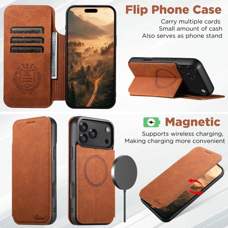 For iPhone 17 Pro Max Suteni J06 Retro Matte Litchi Texture Leather MagSafe Phone Case(Khaki) by Suteni