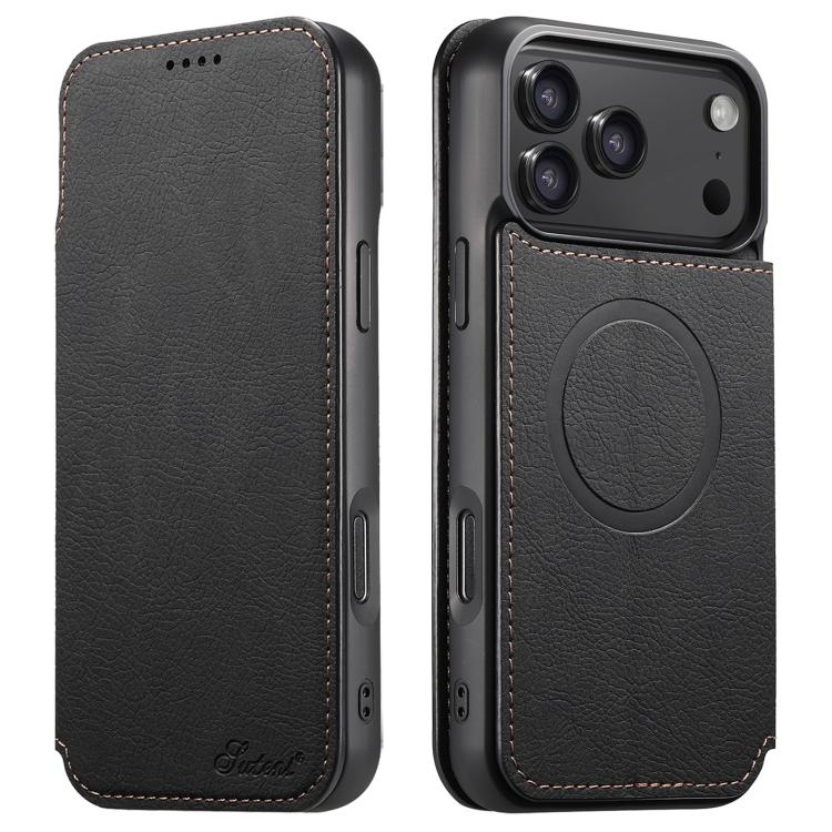 For iPhone 17 Pro Suteni J06 Retro Matte Litchi Texture Leather MagSafe Phone Case(Black) by Suteni