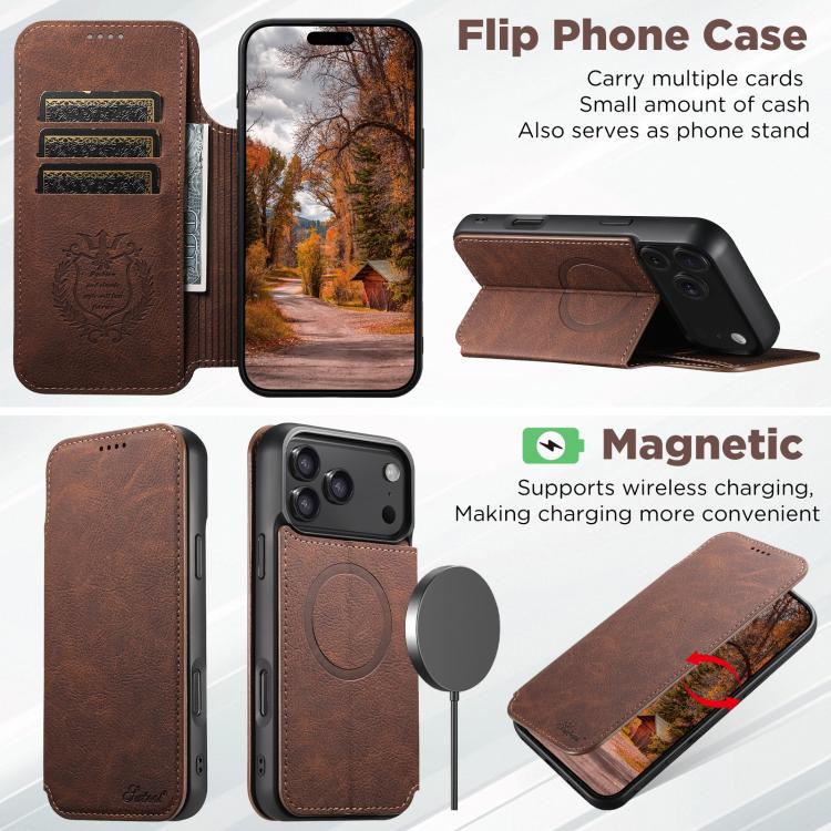 For iPhone 17 Pro Suteni J06 Retro Matte Litchi Texture Leather MagSafe Phone Case(Brown) by Suteni