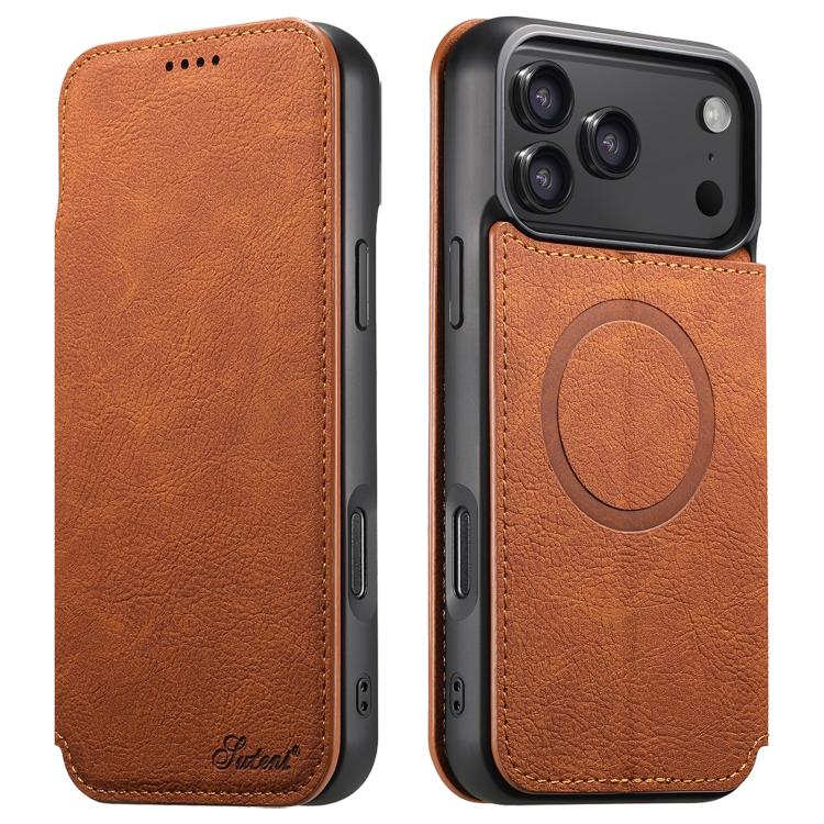 For iPhone 17 Pro Suteni J06 Retro Matte Litchi Texture Leather MagSafe Phone Case(Khaki) by Suteni