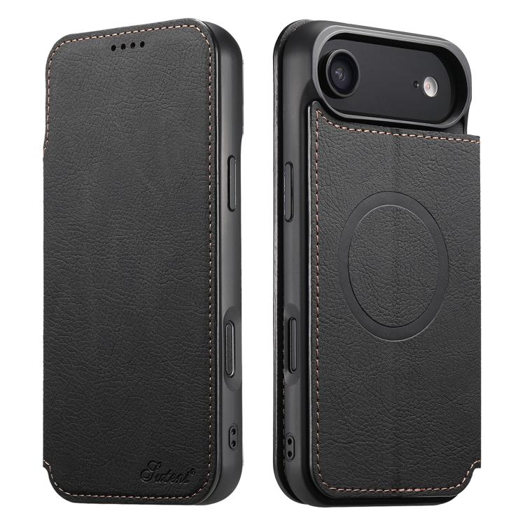 For iPhone Air Suteni J06 Retro Matte Litchi Texture Leather MagSafe Phone Case(Black) by Suteni