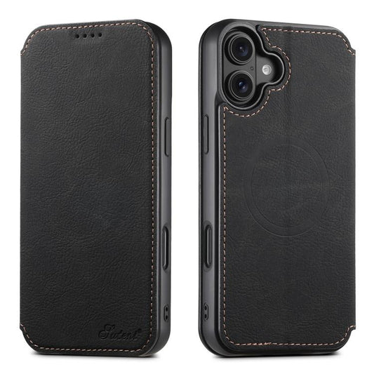 For iPhone 17 Suteni J06 Retro Matte Litchi Texture Leather MagSafe Phone Case(Black) by Suteni