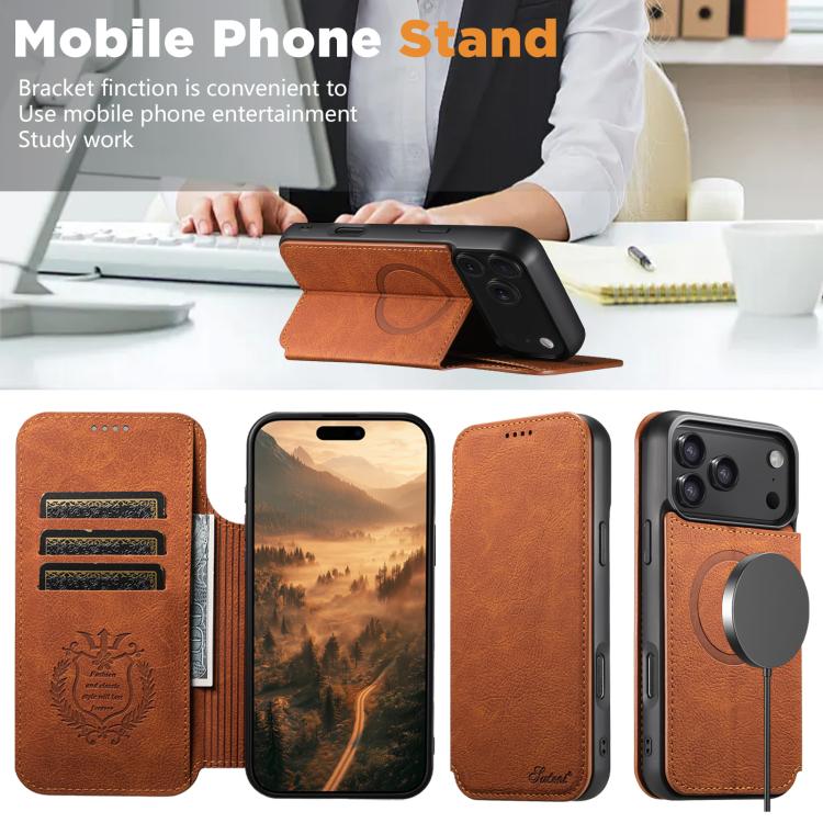 For iPhone 17 Suteni J06 Retro Matte Litchi Texture Leather MagSafe Phone Case(Khaki) by Suteni