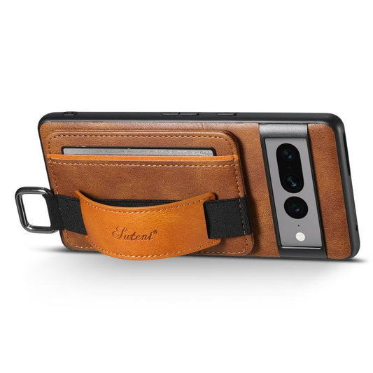 For Googel Pixel 8 Suteni H13 Card Wallet Wrist Strap Holder PU Phone Case(Brown) by Suteni