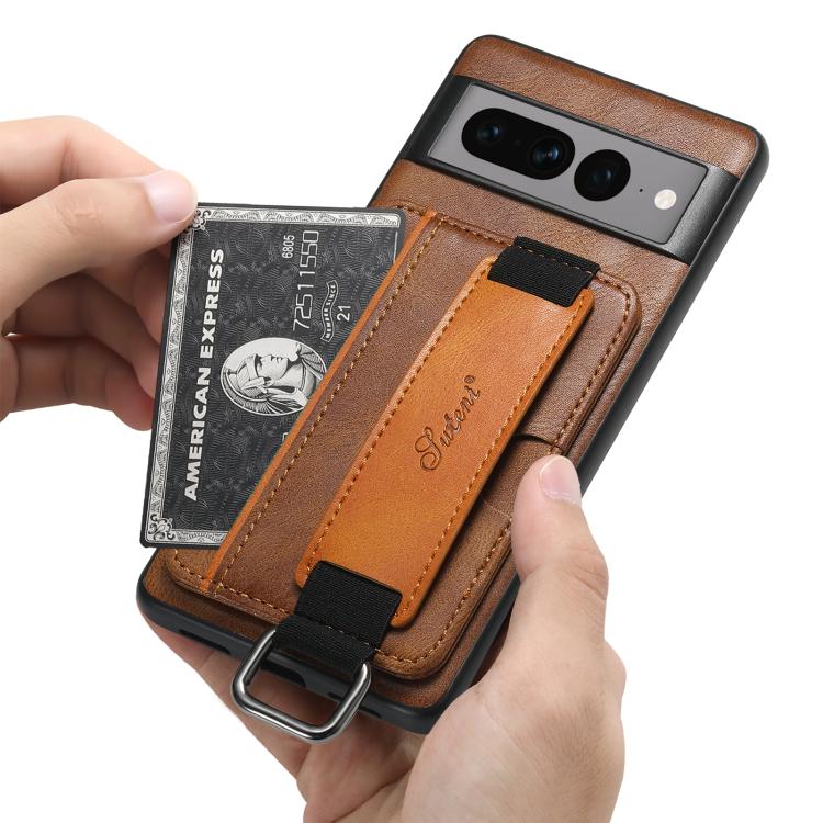 For Googel Pixel 10 Suteni H13 Card Wallet Wrist Strap Holder PU Phone Case(Brown) by Suteni