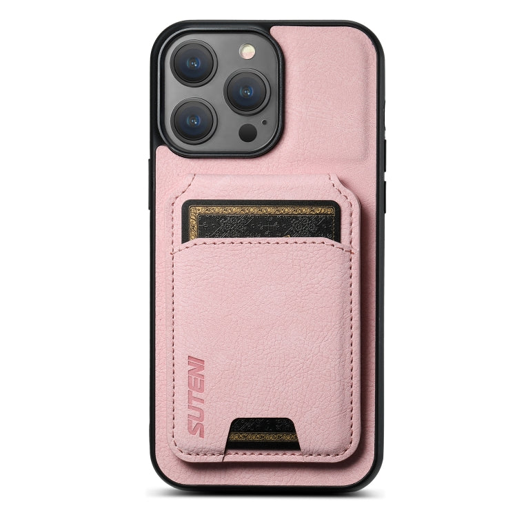 For iPhone 15 Pro Suteni H02 Litchi Leather Card Wallet Stand Back Phone Case(Pink) by Suteni