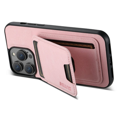 For iPhone 15 Pro Suteni H02 Litchi Leather Card Wallet Stand Back Phone Case(Pink) by Suteni