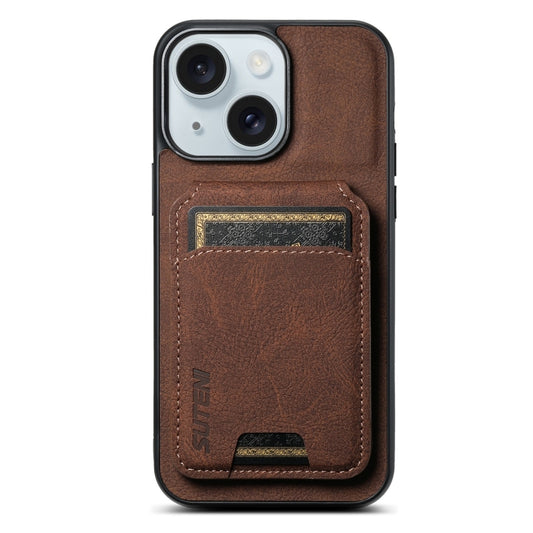 For iPhone 15 Suteni H02 Litchi Leather Card Wallet Stand Back Phone Case(Brown) by Suteni