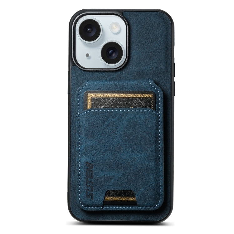 For iPhone 15 Suteni H02 Litchi Leather Card Wallet Stand Back Phone Case(Blue) by Suteni