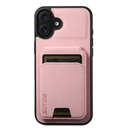 For iPhone 16 Suteni H02 Litchi Leather Card Wallet Stand Back Phone Case(Pink) by Suteni