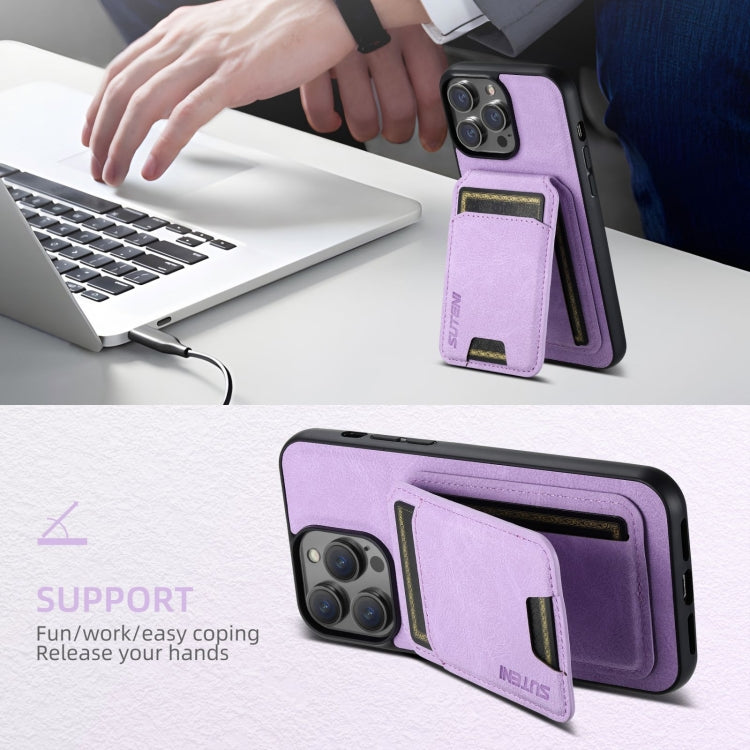 For iPhone 16 Pro Suteni H02 Litchi Leather Card Wallet Stand Back Phone Case(Purple) by Suteni