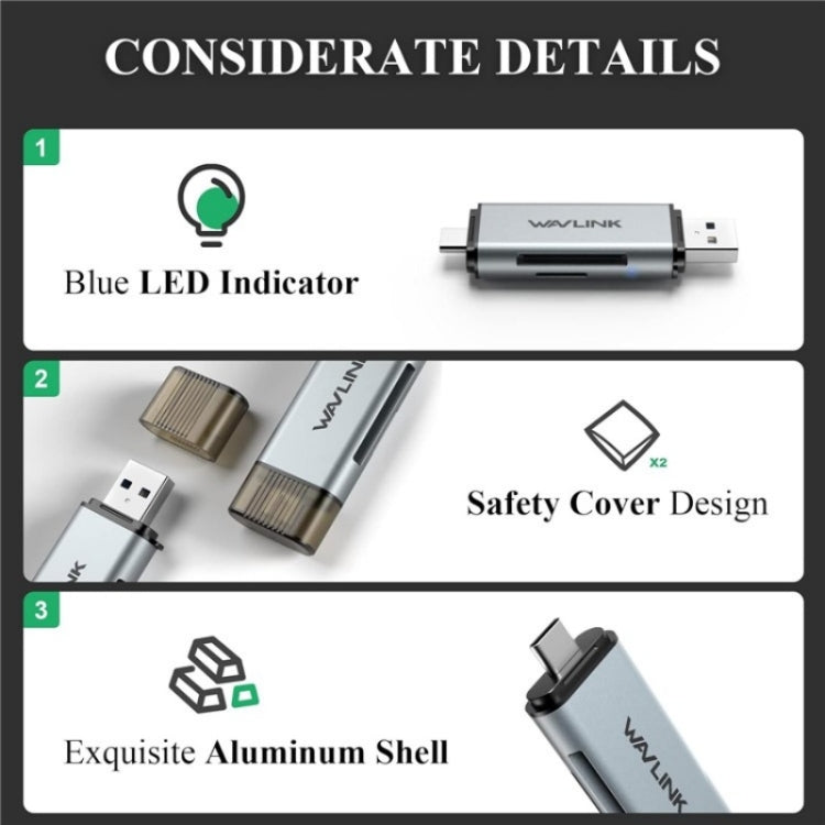 WAVLINK WL-CR3002 Multi-Function Mini Aluminum Alloy Shell Type-C+USB3.0 SD/TF Card Reader by bashfashion