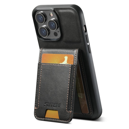 For iPhone 15 Pro Max Suteni H03 Oil Wax Leather Wallet Stand Back Phone Case(Black) by Suteni