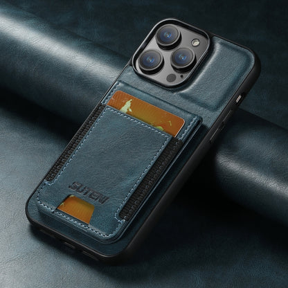 For iPhone 15 Pro Suteni H03 Oil Wax Leather Wallet Stand Back Phone Case(Blue) by Suteni