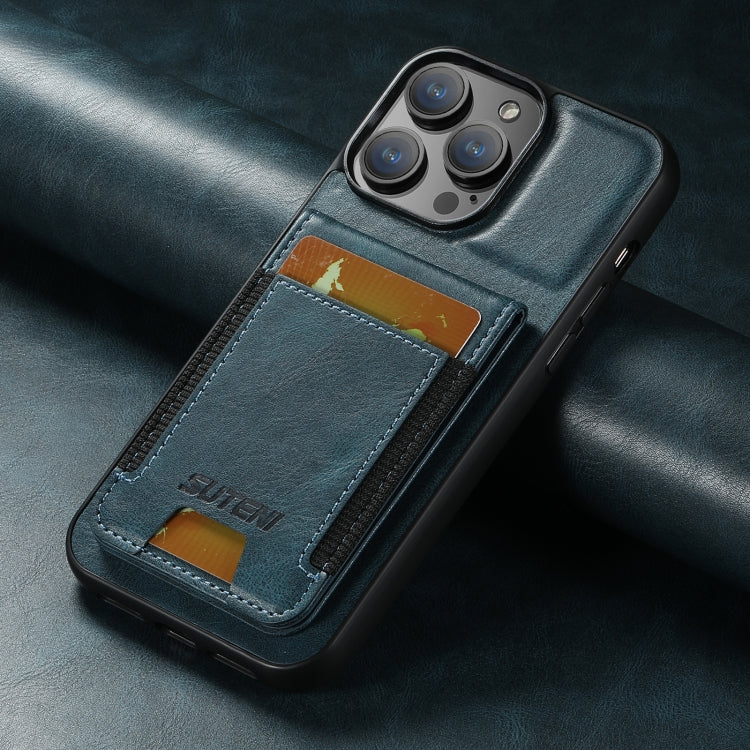 For iPhone 15 Suteni H03 Oil Wax Leather Wallet Stand Back Phone Case(Blue) by Suteni