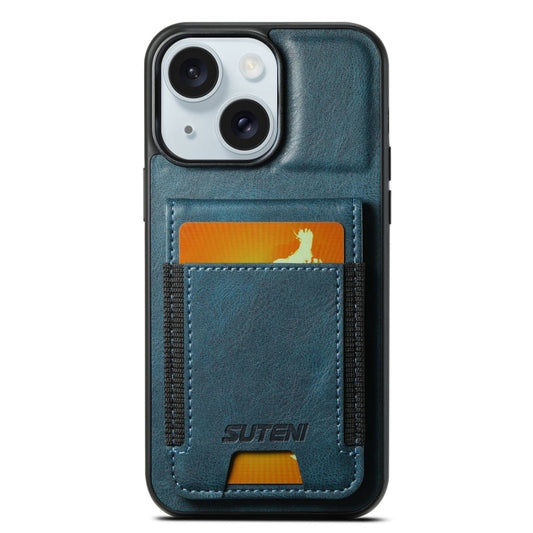 For iPhone 15 Suteni H03 Oil Wax Leather Wallet Stand Back Phone Case(Blue) by Suteni