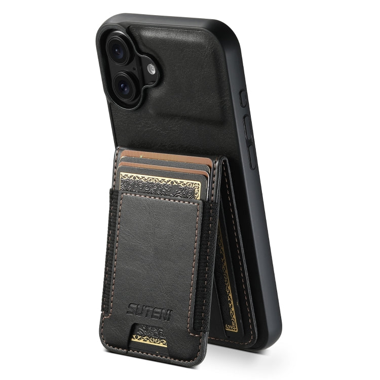 For iPhone 16 Plus Suteni H03 Oil Wax Leather Wallet Stand Back Phone Case(Black) by Suteni