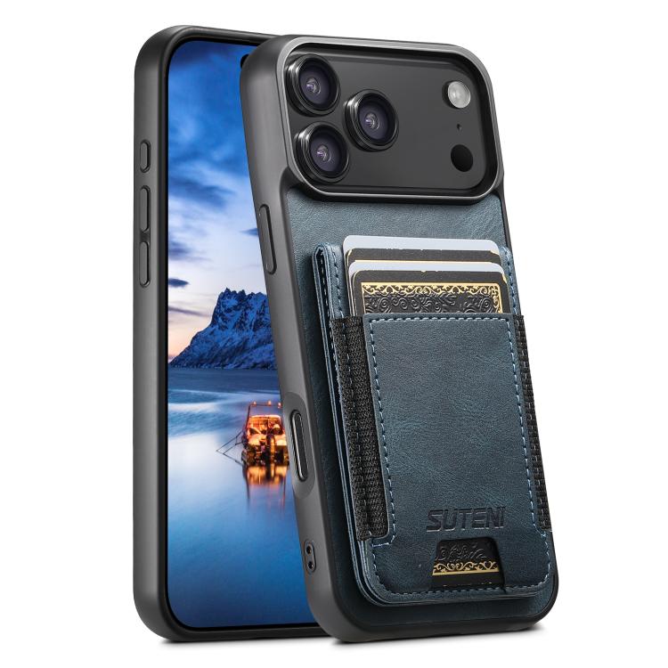 For iPhone 17 Pro Max Suteni H03 Oil Wax Leather Wallet Stand Back Phone Case(Blue) by Suteni