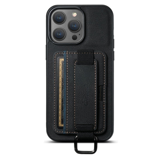 For iPhone 15 Plus Suteni H13 Litchi Leather Wrist Strap Wallet Back Phone Case(Black) by Suteni