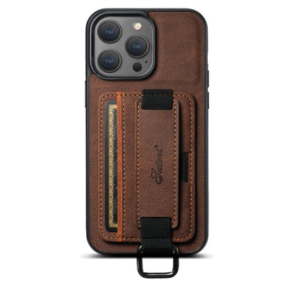 For iPhone 15 Plus Suteni H13 Litchi Leather Wrist Strap Wallet Back Phone Case(Brown) by Suteni