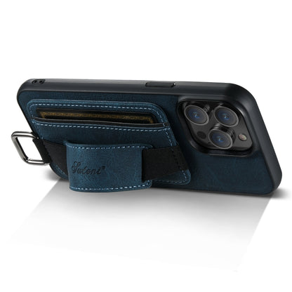 For iPhone 15 Plus Suteni H13 Litchi Leather Wrist Strap Wallet Back Phone Case(Blue) by Suteni
