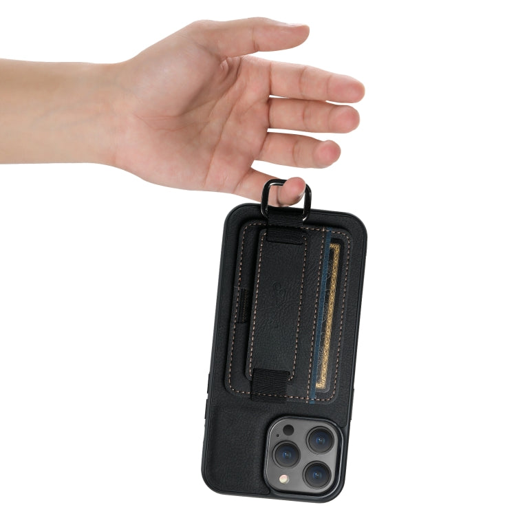 For iPhone 15 Suteni H13 Litchi Leather Wrist Strap Wallet Back Phone Case(Black) by Suteni