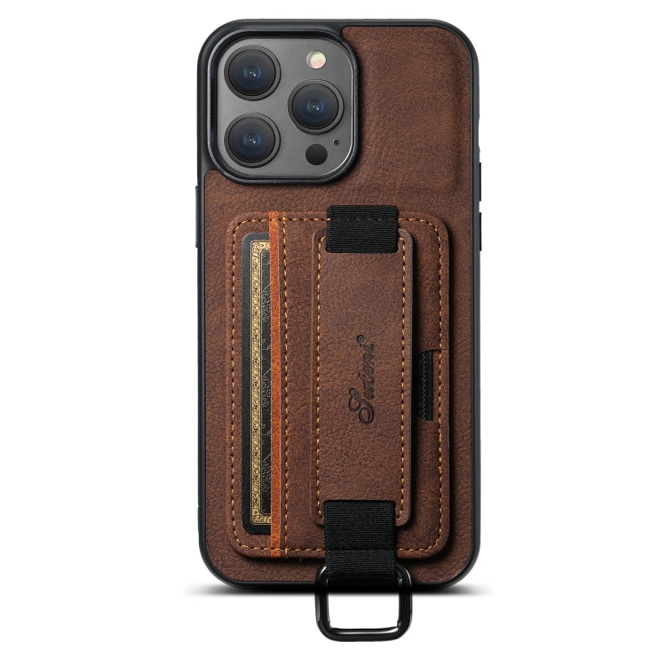 For iPhone 15 Suteni H13 Litchi Leather Wrist Strap Wallet Back Phone Case(Brown) by Suteni