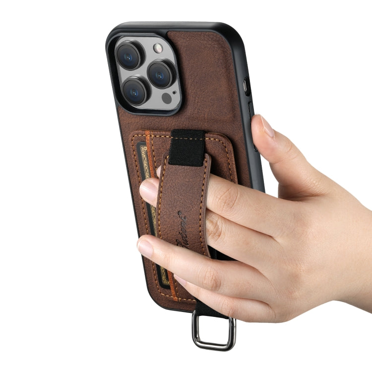 For iPhone 15 Suteni H13 Litchi Leather Wrist Strap Wallet Back Phone Case(Brown) by Suteni