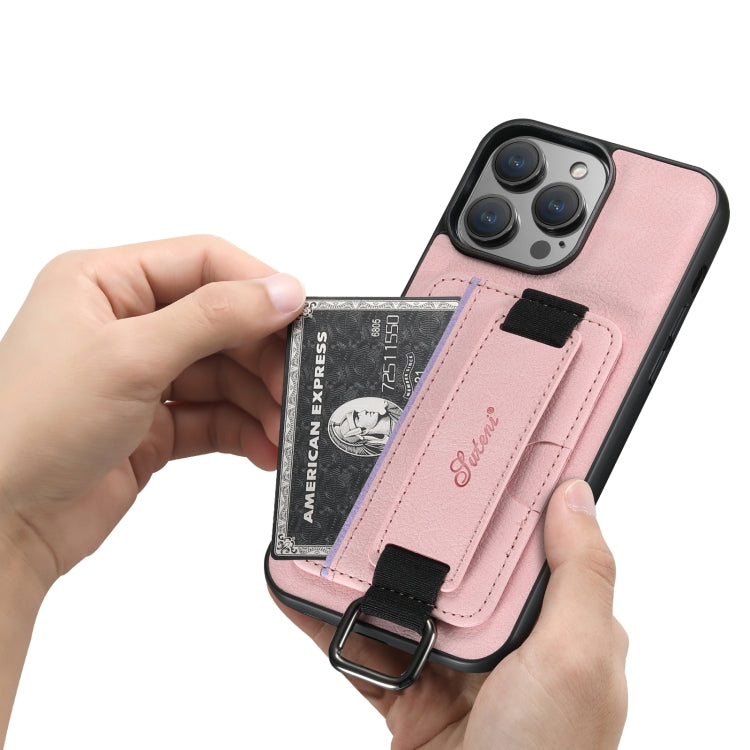 For iPhone 15 Suteni H13 Litchi Leather Wrist Strap Wallet Back Phone Case(Pink) by Suteni