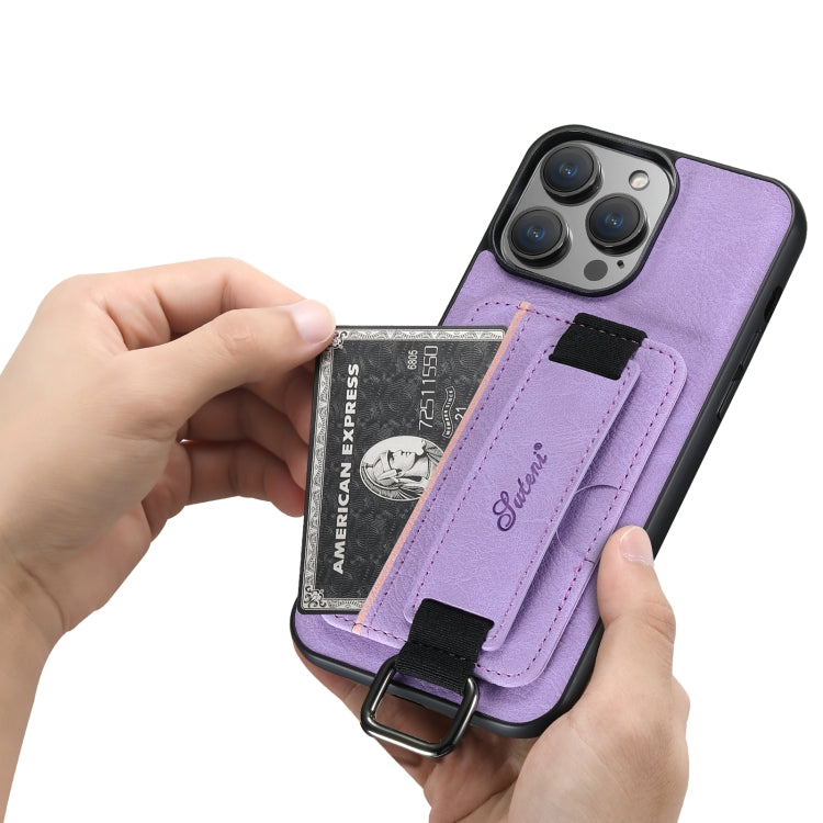For iPhone 14 Plus Suteni H13 Litchi Leather Wrist Strap Wallet Back Phone Case(Purple) by Suteni