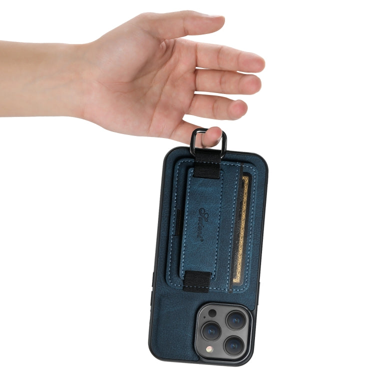 For iPhone 13 Pro Suteni H13 Litchi Leather Wrist Strap Wallet Back Phone Case(Blue) by Suteni