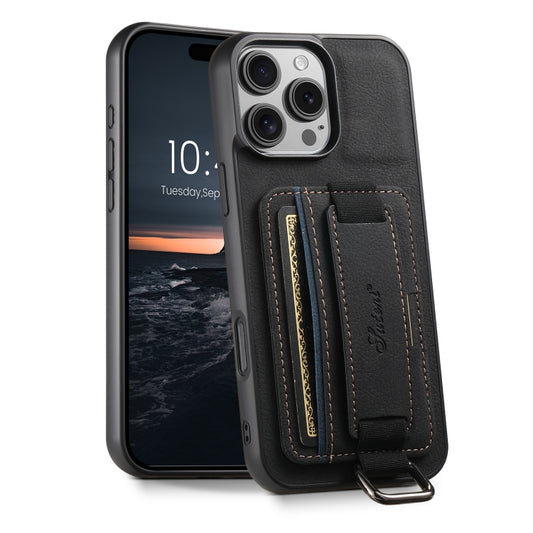 For iPhone 16 Pro Max Suteni H13 Litchi Leather Wrist Strap Wallet Back Phone Case(Black) by Suteni