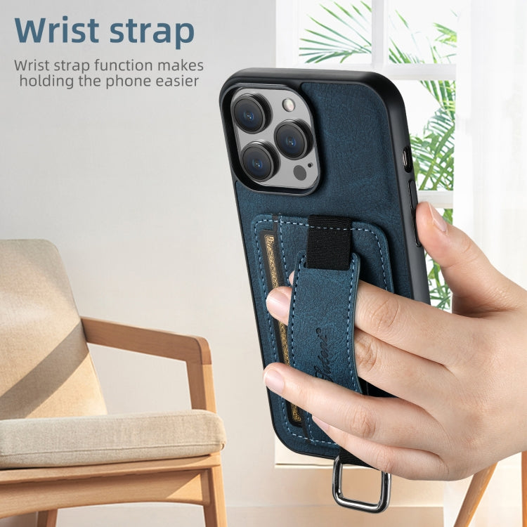 For iPhone 16 Pro Max Suteni H13 Litchi Leather Wrist Strap Wallet Back Phone Case(Blue) by Suteni