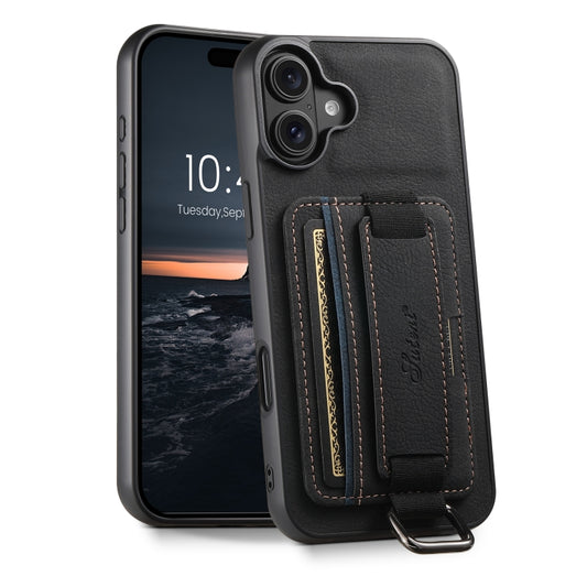 For iPhone 16 Plus Suteni H13 Litchi Leather Wrist Strap Wallet Back Phone Case(Black) by Suteni