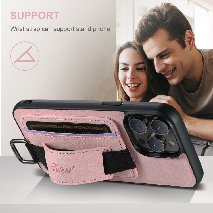 For iPhone 16 Plus Suteni H13 Litchi Leather Wrist Strap Wallet Back Phone Case(Pink) by Suteni