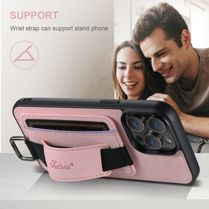 For iPhone 16 Pro Suteni H13 Litchi Leather Wrist Strap Wallet Back Phone Case(Pink) by Suteni