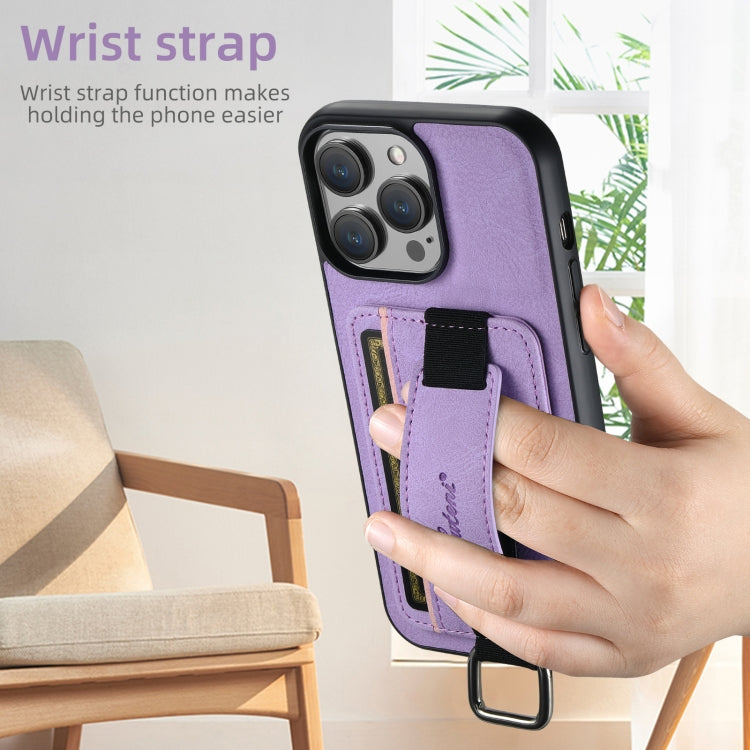 For iPhone 16 Suteni H13 Litchi Leather Wrist Strap Wallet Back Phone Case(Purple) by Suteni