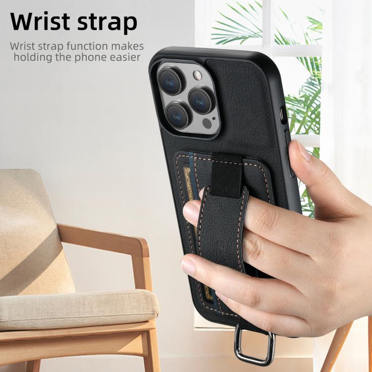 For iPhone 16e Suteni H13 Litchi Leather Wrist Strap Wallet Back Phone Case(Black) by Suteni