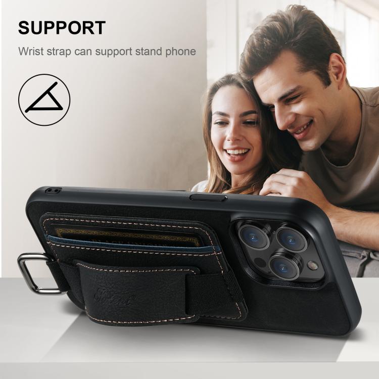 For iPhone 16e Suteni H13 Litchi Leather Wrist Strap Wallet Back Phone Case(Black) by Suteni