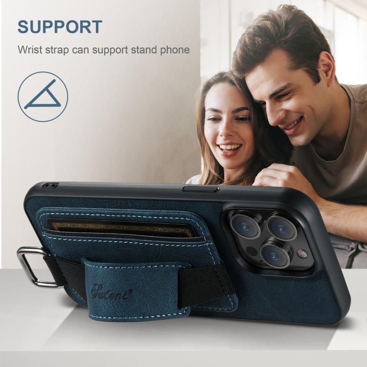 For iPhone 16e Suteni H13 Litchi Leather Wrist Strap Wallet Back Phone Case(Blue) by Suteni