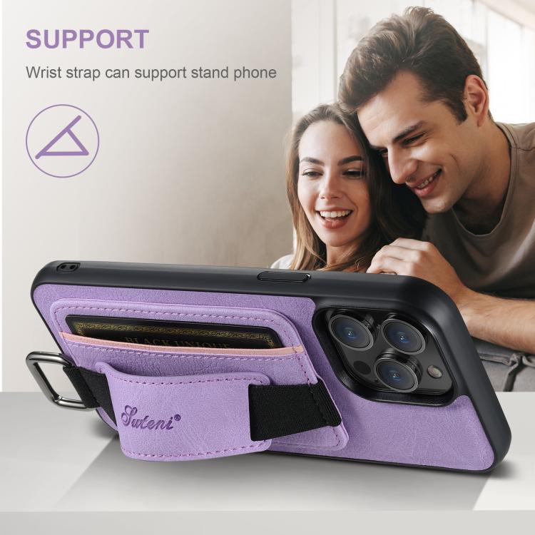 For iPhone 16e Suteni H13 Litchi Leather Wrist Strap Wallet Back Phone Case(Purple) by Suteni
