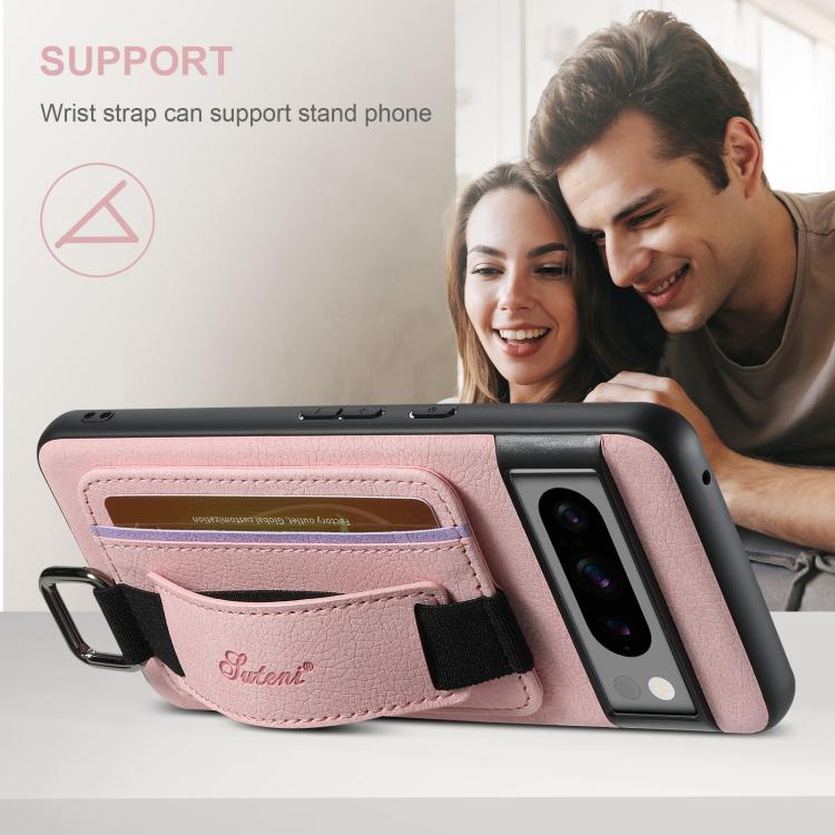 For Google Pixel 9 Pro Suteni H13 Litchi Leather Wrist Strap Wallet Back Phone Case(Pink) by Suteni