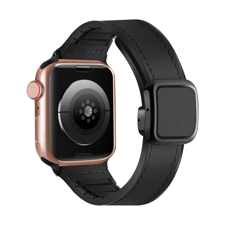 For Apple Watch Series 9 41mm Fold Magnetic Square Buckle PU Silicone Watch Band(Black) by bashfashion