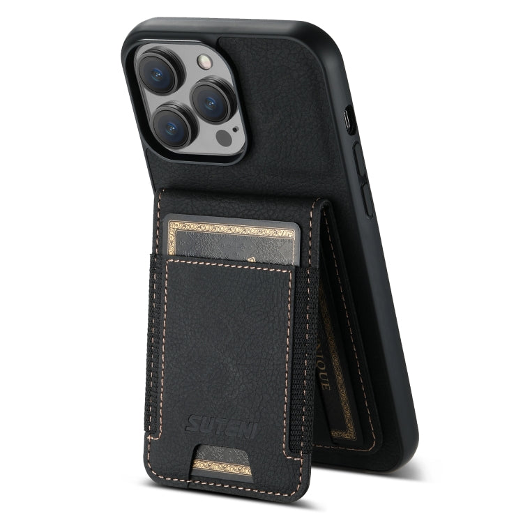 For iPhone 15 Pro Max Suteni H03 Litchi Leather Card Bag Stand Back Phone Case(Black) by Suteni