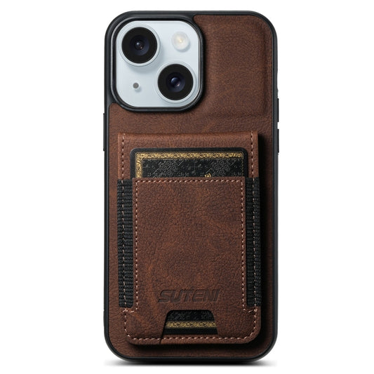 For iPhone 15 Plus Suteni H03 Litchi Leather Card Bag Stand Back Phone Case(Brown) by Suteni