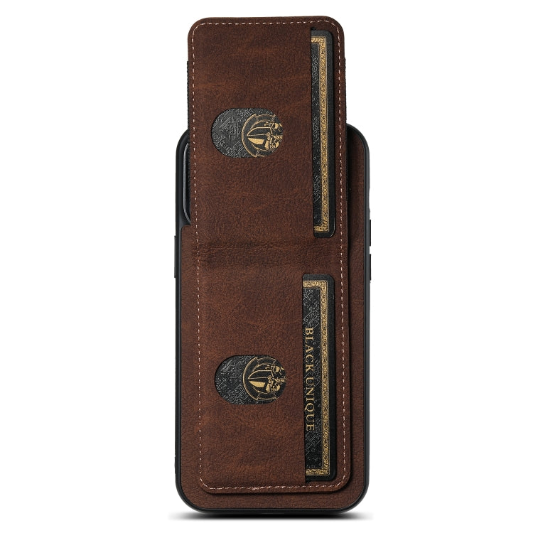 For iPhone 15 Plus Suteni H03 Litchi Leather Card Bag Stand Back Phone Case(Brown) by Suteni
