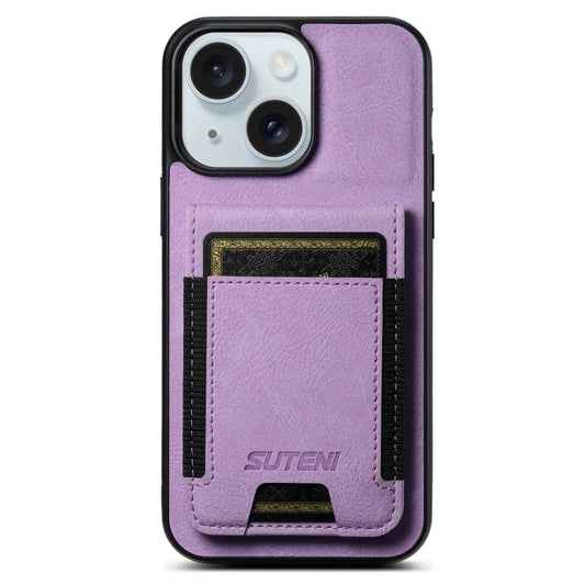For iPhone 15 Plus Suteni H03 Litchi Leather Card Bag Stand Back Phone Case(Purple) by Suteni