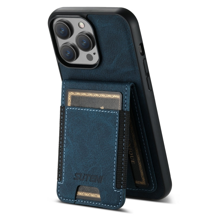 For iPhone 15 Suteni H03 Litchi Leather Card Bag Stand Back Phone Case(Blue) by Suteni