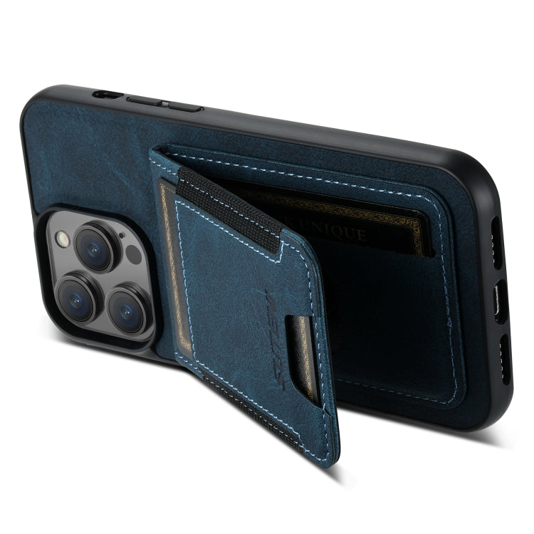 For iPhone 15 Suteni H03 Litchi Leather Card Bag Stand Back Phone Case(Blue) by Suteni
