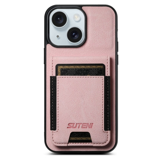 For iPhone 15 Suteni H03 Litchi Leather Card Bag Stand Back Phone Case(Pink) by Suteni
